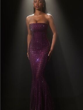Oh Polly Marleni Strapless Sequined Evening Gown in Deep Purple